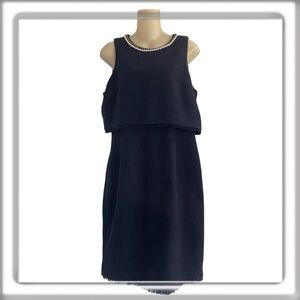 Karl Lagerfeld Paris Tweed Sleeveless Dress Above Knee Pearl Neck Navy Size 10